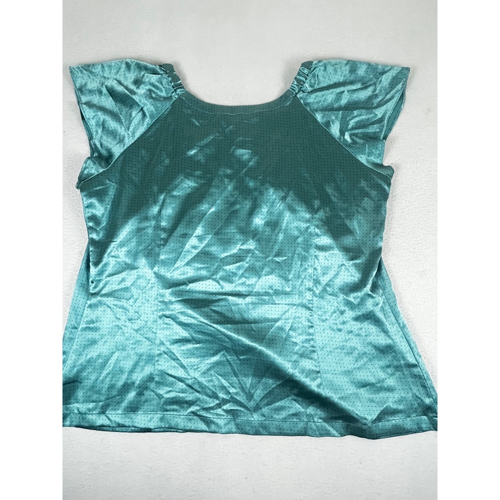 Apt 9 Womens XL Teal Blue Satin Polka Dot Pleated Cap Sleeve Blouse Top - Picture 8 of 9